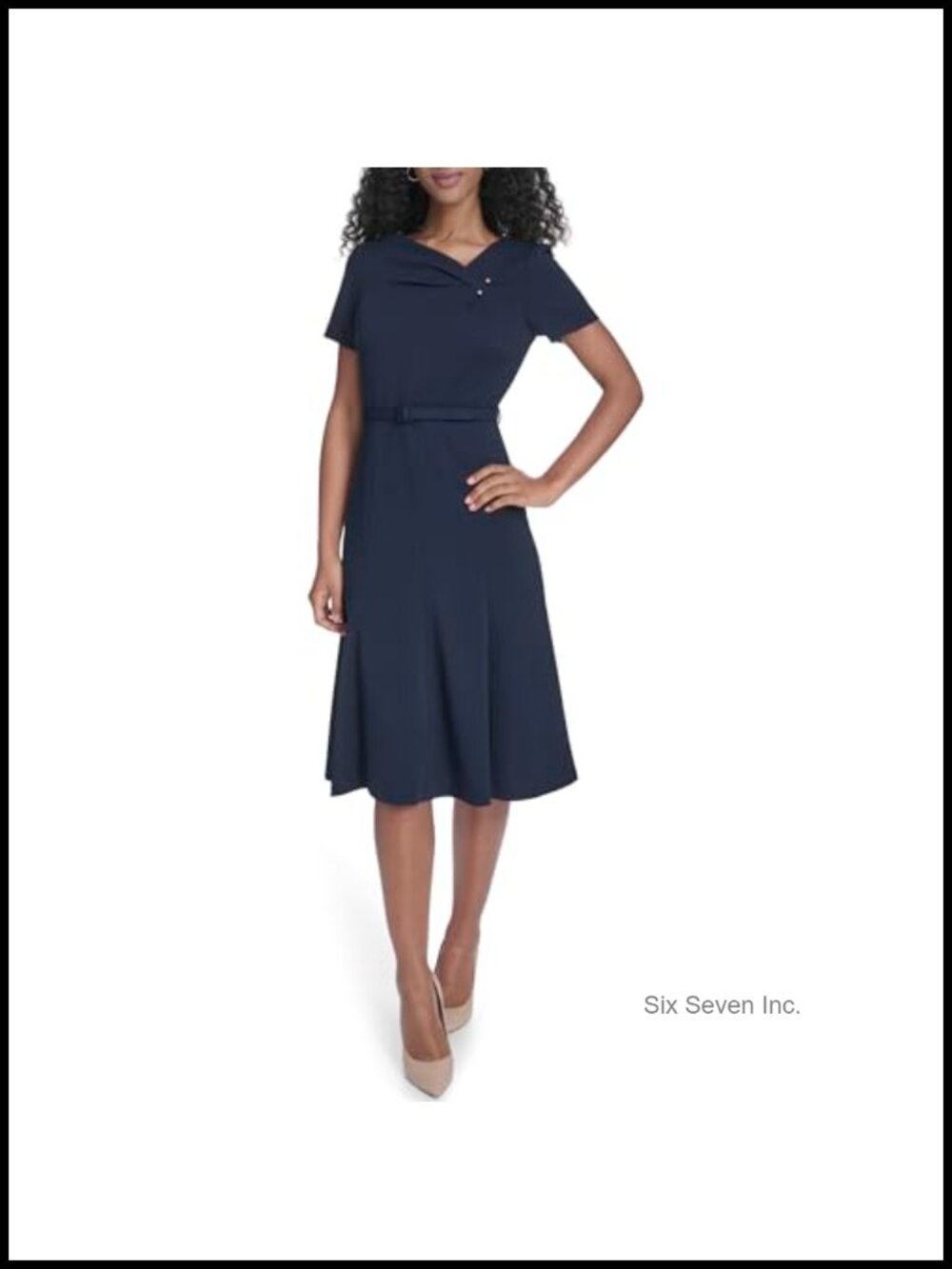 Scuba Crepe Fit-and-Flare Dress Asymmetric Neck Short Sleeve Belted Zipper